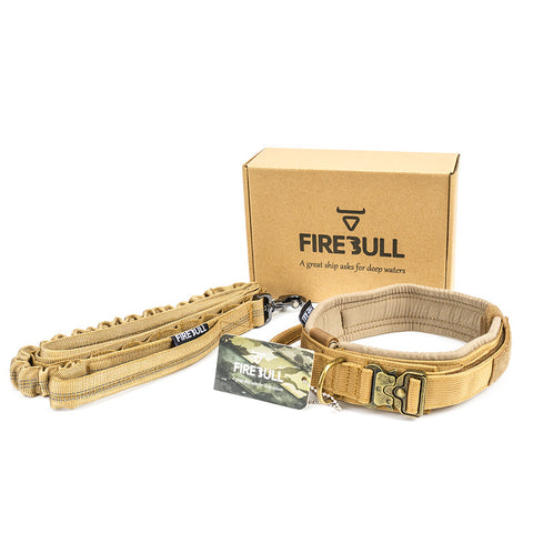 A pet tactical collar leash set including a gray and black collar, a matching towing rope, and a product box with 'FIREBULL' branding.