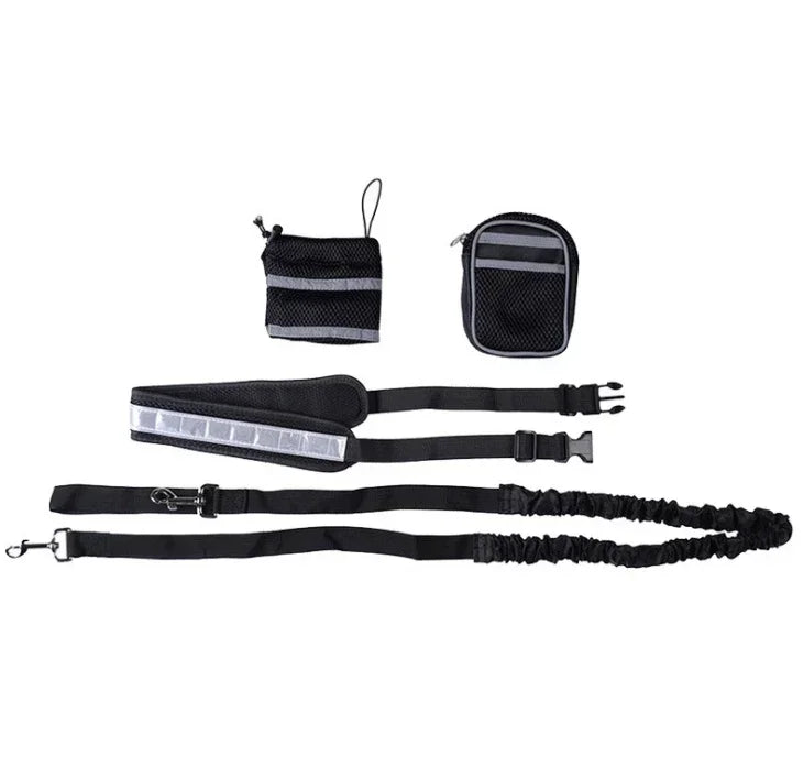 black hands-free dog leash with storage bag
