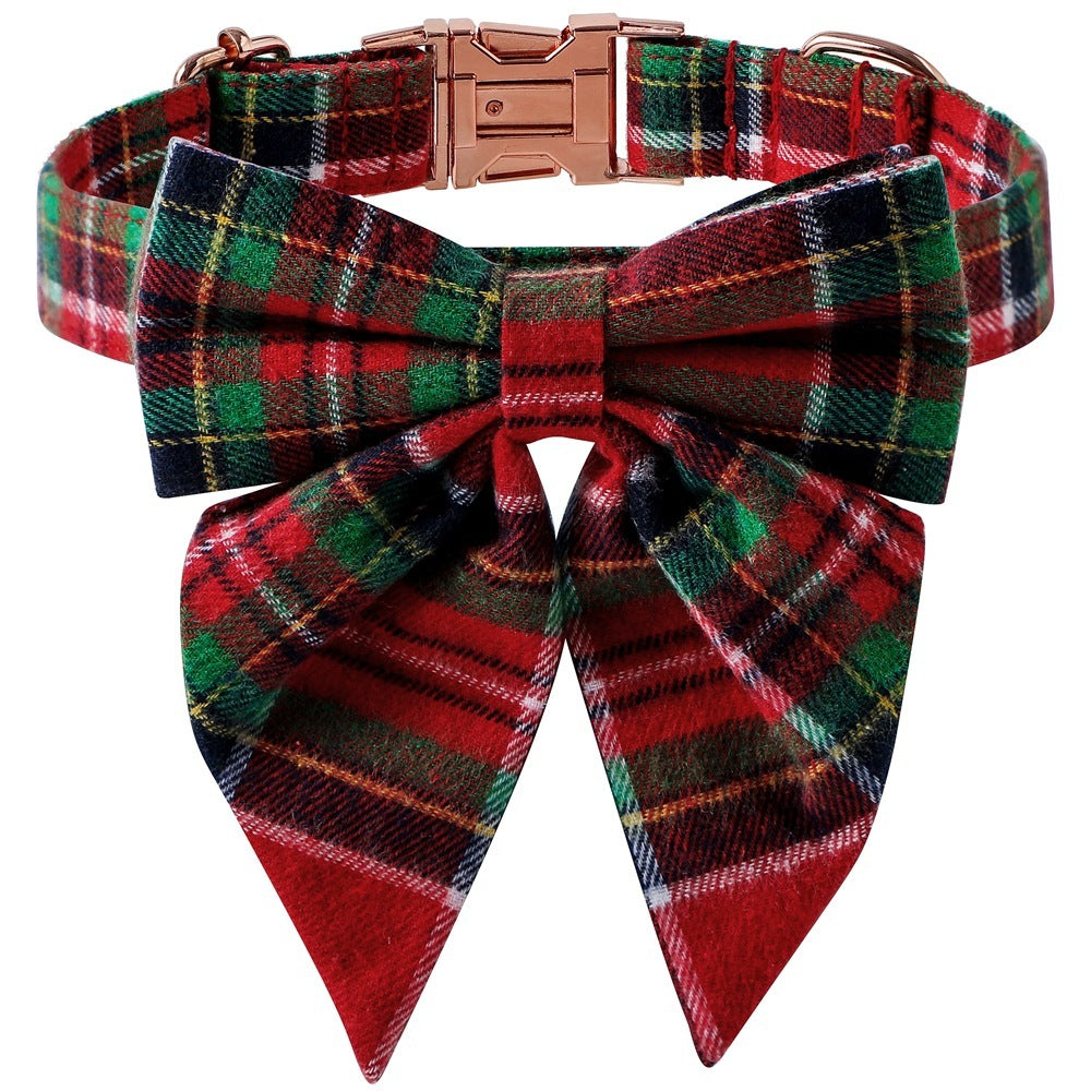 Christmas Dog Collar – Plaid Cotton with Rose Gold Buckle & Bow