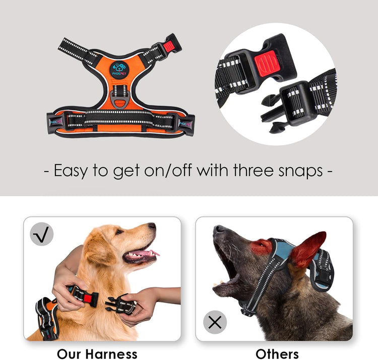 PHOEPET No-Pull Dog Harness – Medium Reflective Front-Clip Vest with Handle, Adjustable Buckles & Metal Rings, Easy On/Off, Orange (M)