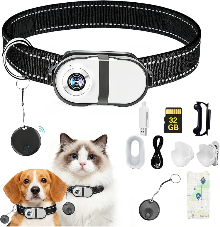 PRRPRR Pet Camera Collar – 1080P HD Wireless Dog Neck Cam with Air Tracker, 32GB Storage, No WiFi Required