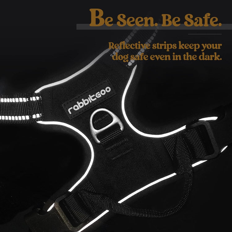 rabbitgoo No-Pull Dog Harness – Adjustable Padded Reflective Vest with 2 Leash Clips & Easy Control Handle for Large Dogs, Black, L