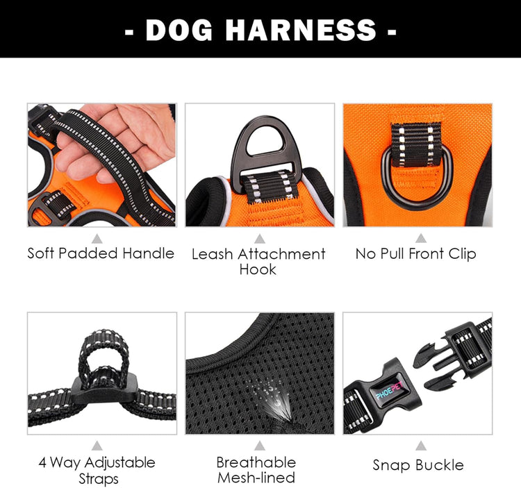 PHOEPET No-Pull Dog Harness – Medium Reflective Front-Clip Vest with Handle, Adjustable Buckles & Metal Rings, Easy On/Off, Orange (M)