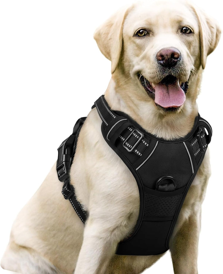 rabbitgoo No-Pull Dog Harness – Adjustable Padded Reflective Vest with 2 Leash Clips & Easy Control Handle for Large Dogs, Black, L