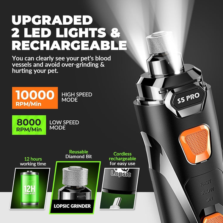 Silent Dog Nail Grinder with LED Light โ Safe & Stress-Free Grooming for All Breeds & Sizes, 3 Grinding Bits, 2-Speed Rechargeable Pet Nail Trimmer Kit