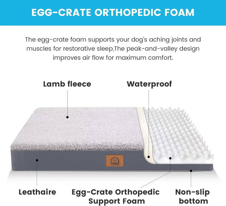 Sunheir Orthopedic Dog Bed – Large Waterproof Crate Bed with Removable Washable Cover, Egg Crate Foam & Anti-Slip Bottom