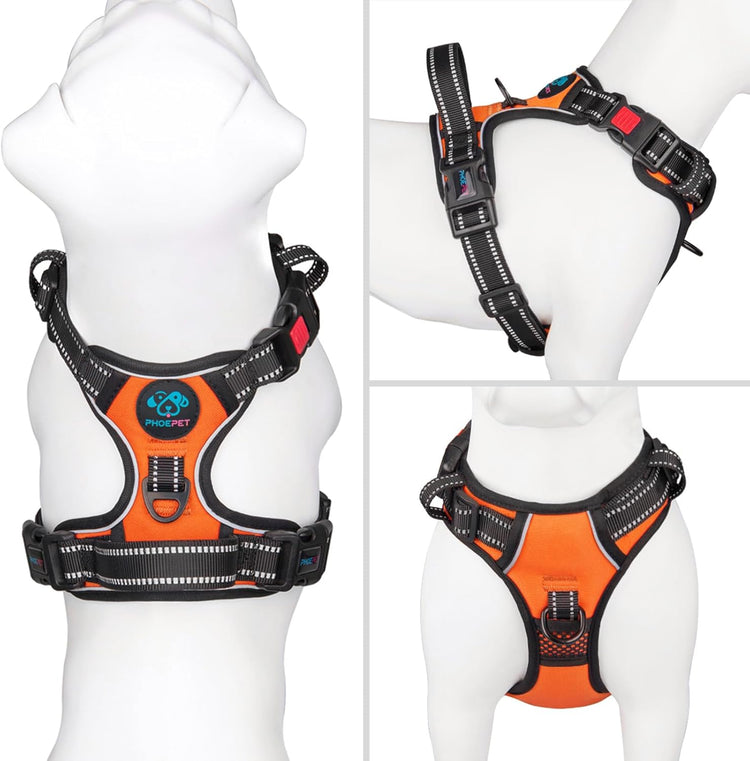 PHOEPET No-Pull Dog Harness – Medium Reflective Front-Clip Vest with Handle, Adjustable Buckles & Metal Rings, Easy On/Off, Orange (M)
