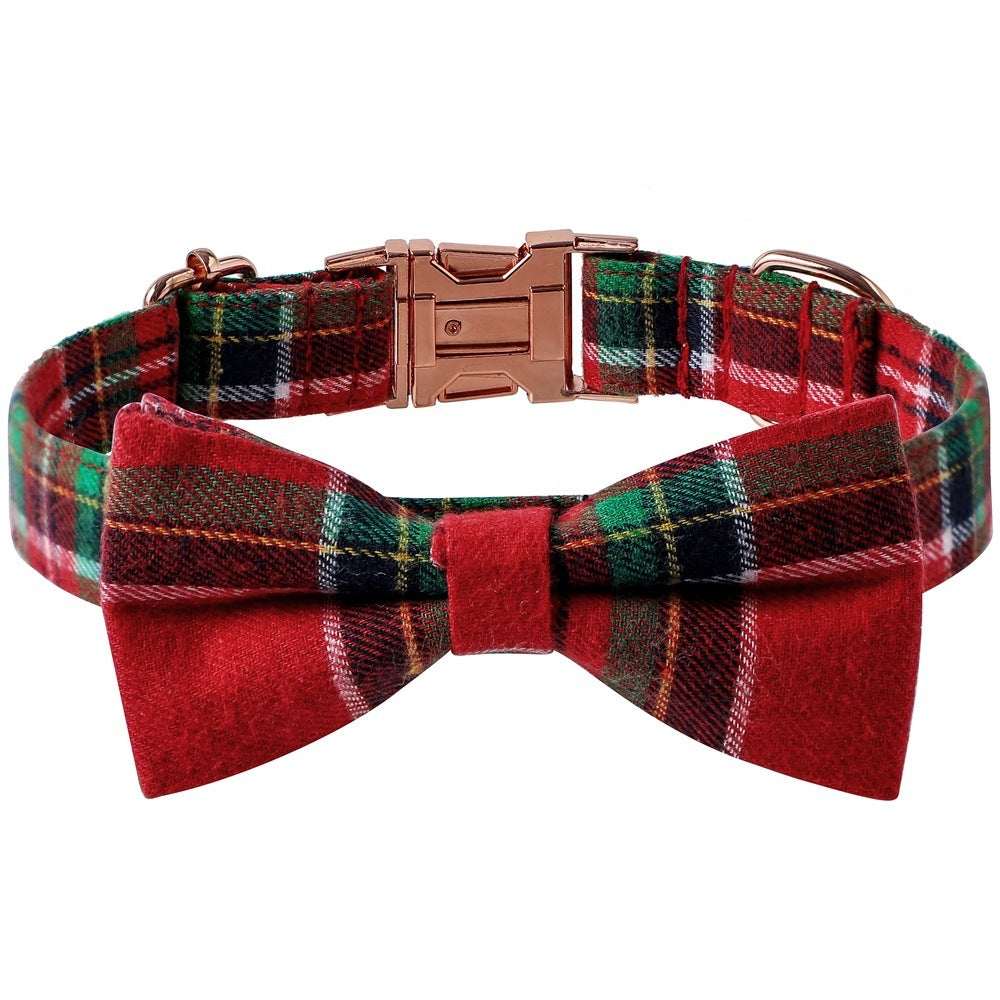Christmas Dog Collar – Plaid Cotton with Rose Gold Buckle & Bow