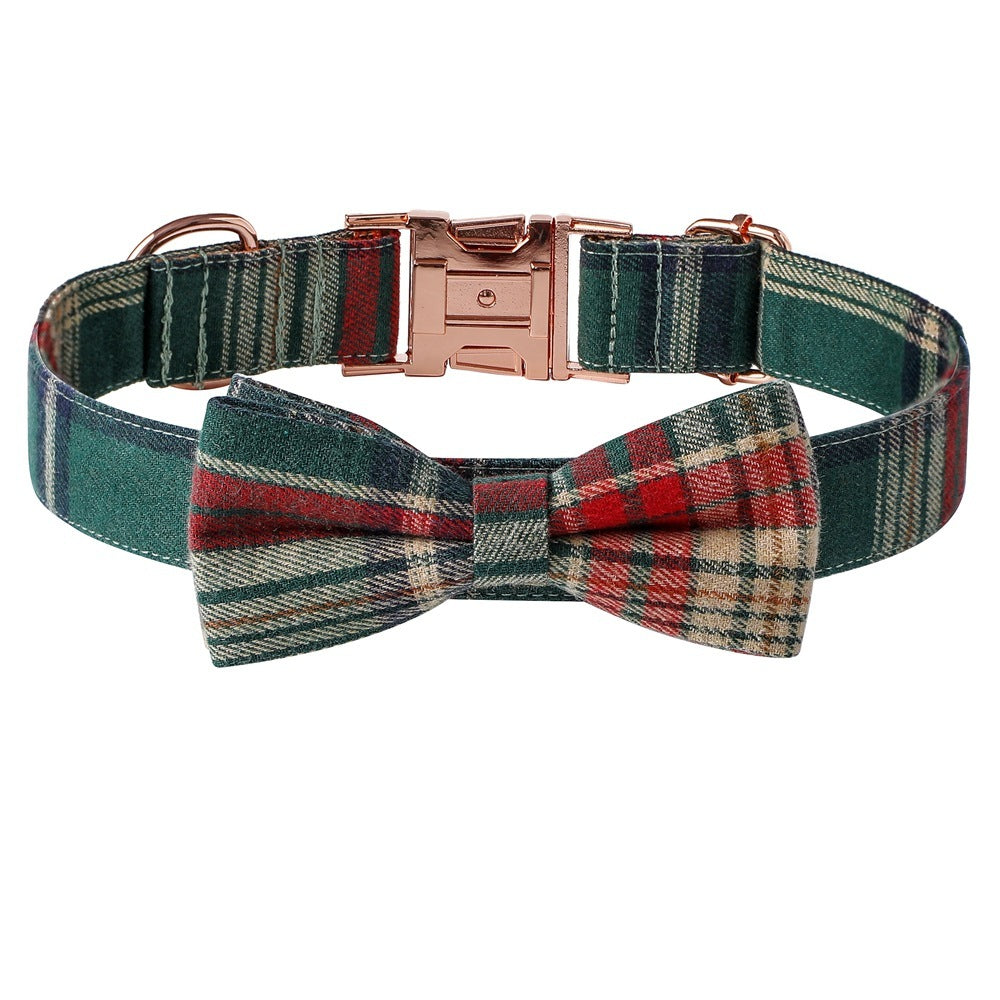 Christmas Dog Collar – Plaid Cotton with Rose Gold Buckle & Bow