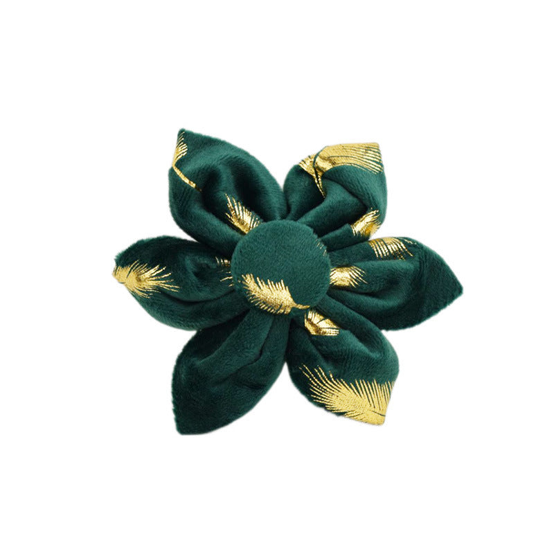A set of dog pet accessories including a collar, leash, bow, flower decoration, and a vest, all in green with a gold leaf pattern.