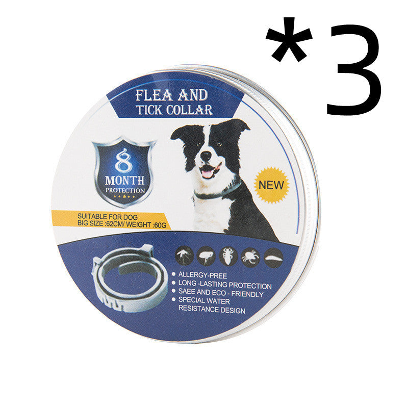 Packaging of a flea and tick collar for cats, indicating 8 months of protection and fitting all size cats.