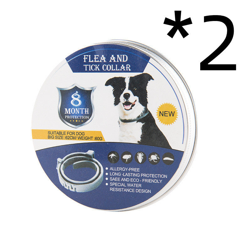 Packaging of a flea and tick collar for cats, indicating 8 months of protection and fitting all size cats.