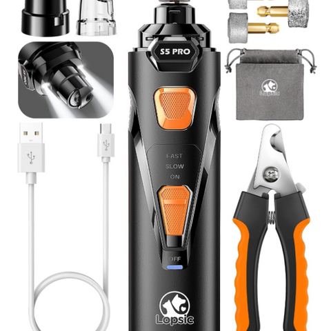 Silent Dog Nail Grinder with LED Light – Safe & Stress-Free Grooming for All Breeds & Sizes, 3 Grinding Bits, 2-Speed Rechargeable Pet Nail Trimmer Kit