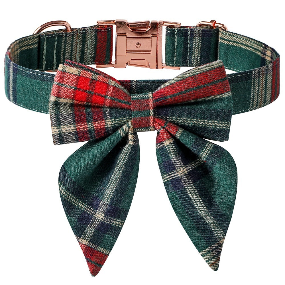 Christmas Dog Collar – Plaid Cotton with Rose Gold Buckle & Bow