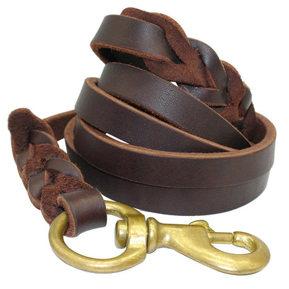 A coiled brown leather dog leash with a gold-colored metal clasp.