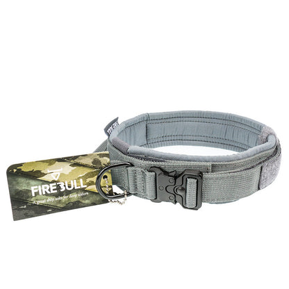 A pet tactical collar leash set including a gray and black collar, a matching towing rope, and a product box with 'FIREBULL' branding.