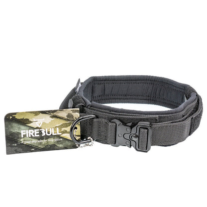 A pet tactical collar leash set including a gray and black collar, a matching towing rope, and a product box with 'FIREBULL' branding.