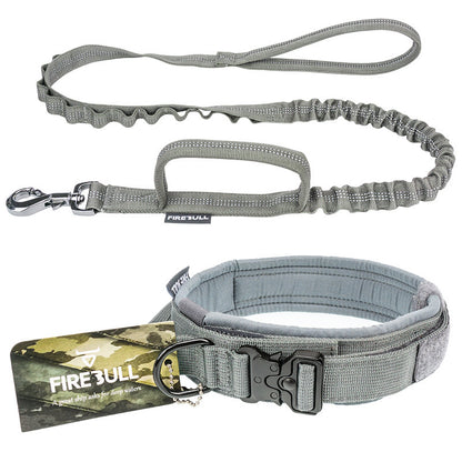 A pet tactical collar leash set including a gray and black collar, a matching towing rope, and a product box with 'FIREBULL' branding.
