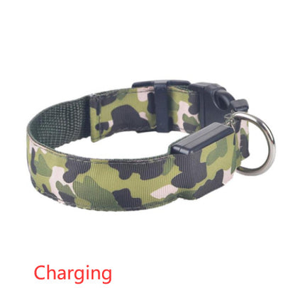 Camouflage Luminous Dog Collar – USB LED Light-Up Nylon Pet Collar for Night Safety
