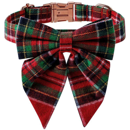 Christmas Dog Collar – Plaid Cotton with Rose Gold Buckle & Bow | PetsDrift