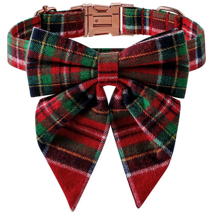 Christmas Dog Collar – Plaid Cotton with Rose Gold Buckle & Bow