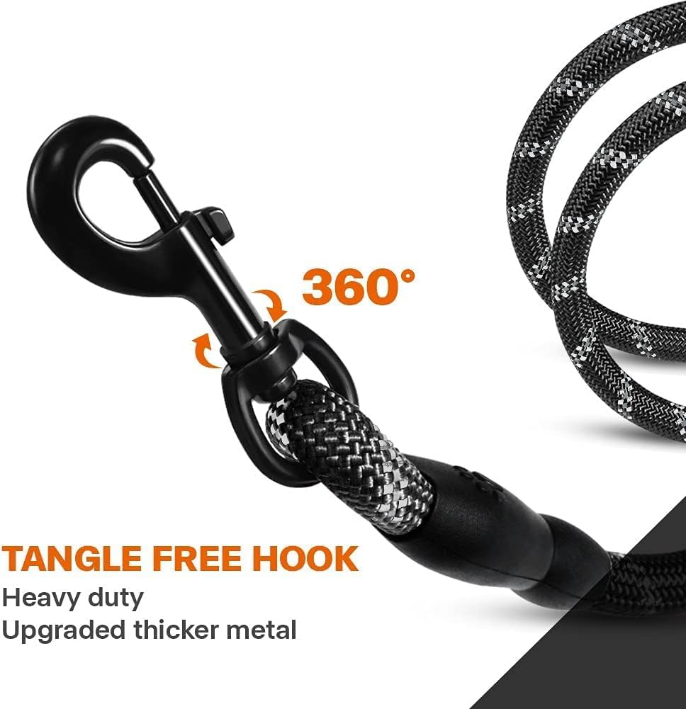 Taglory 6ft Rope Dog Leash – Padded Handle with Reflective Threads for Medium & Large Dogs, ½ inch, Black