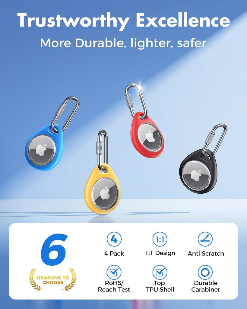 UNBREAKcable AirTag Holder – 4 Pack Waterproof & Shockproof TPU Case with Carabiner