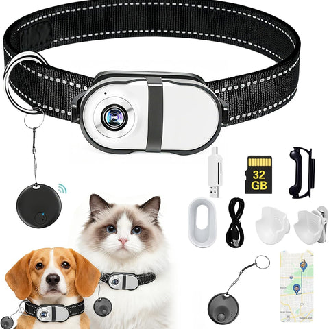 PRRPRR Pet Camera Collar – 1080P HD Wireless Dog Neck Cam with Air Tracker, 32GB Storage, No WiFi Required