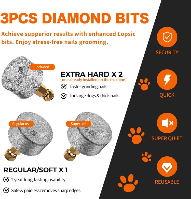 Silent Dog Nail Grinder with LED Light – Safe & Stress-Free Grooming for All Breeds & Sizes, 3 Grinding Bits, 2-Speed Rechargeable Pet Nail Trimmer Kit