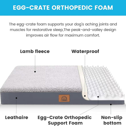 Sunheir Orthopedic Dog Bed – Large Waterproof Crate Bed with Removable Washable Cover, Egg Crate Foam & Anti-Slip Bottom