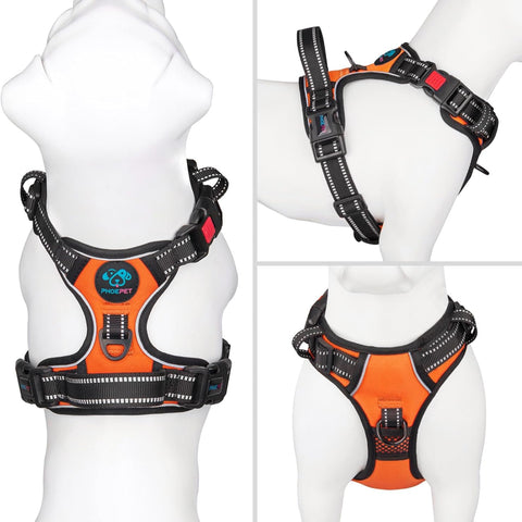 PHOEPET No-Pull Dog Harness – Medium Reflective Front-Clip Vest with Handle, Adjustable Buckles & Metal Rings, Easy On/Off, Orange (M)