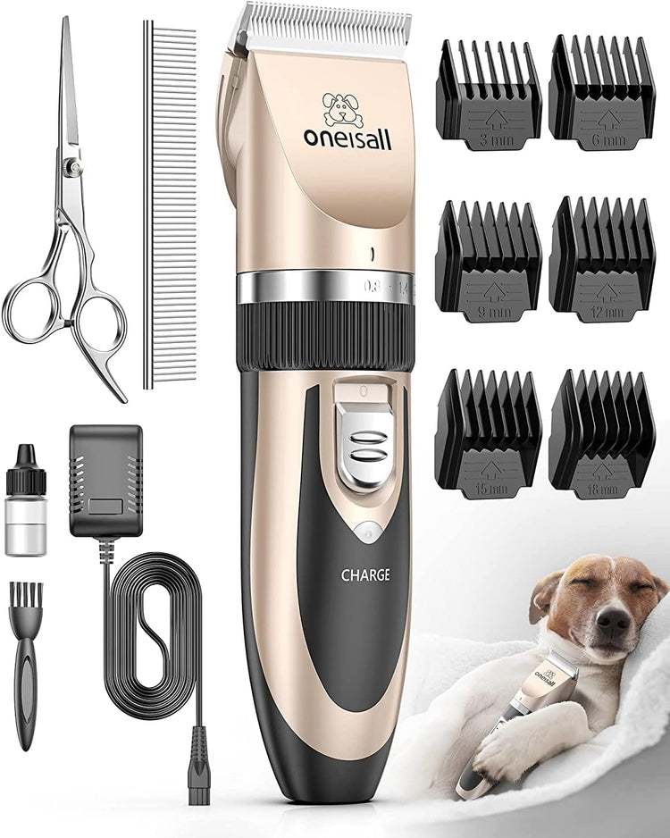 oneisall Quiet Dog Clipper – Cordless Rechargeable Pet Grooming Kit for Dogs & Cats (Gold)