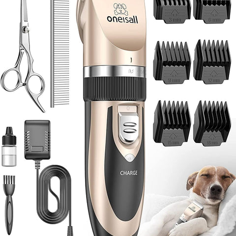 oneisall Quiet Dog Clipper – Cordless Rechargeable Pet Grooming Kit for Dogs & Cats (Gold)