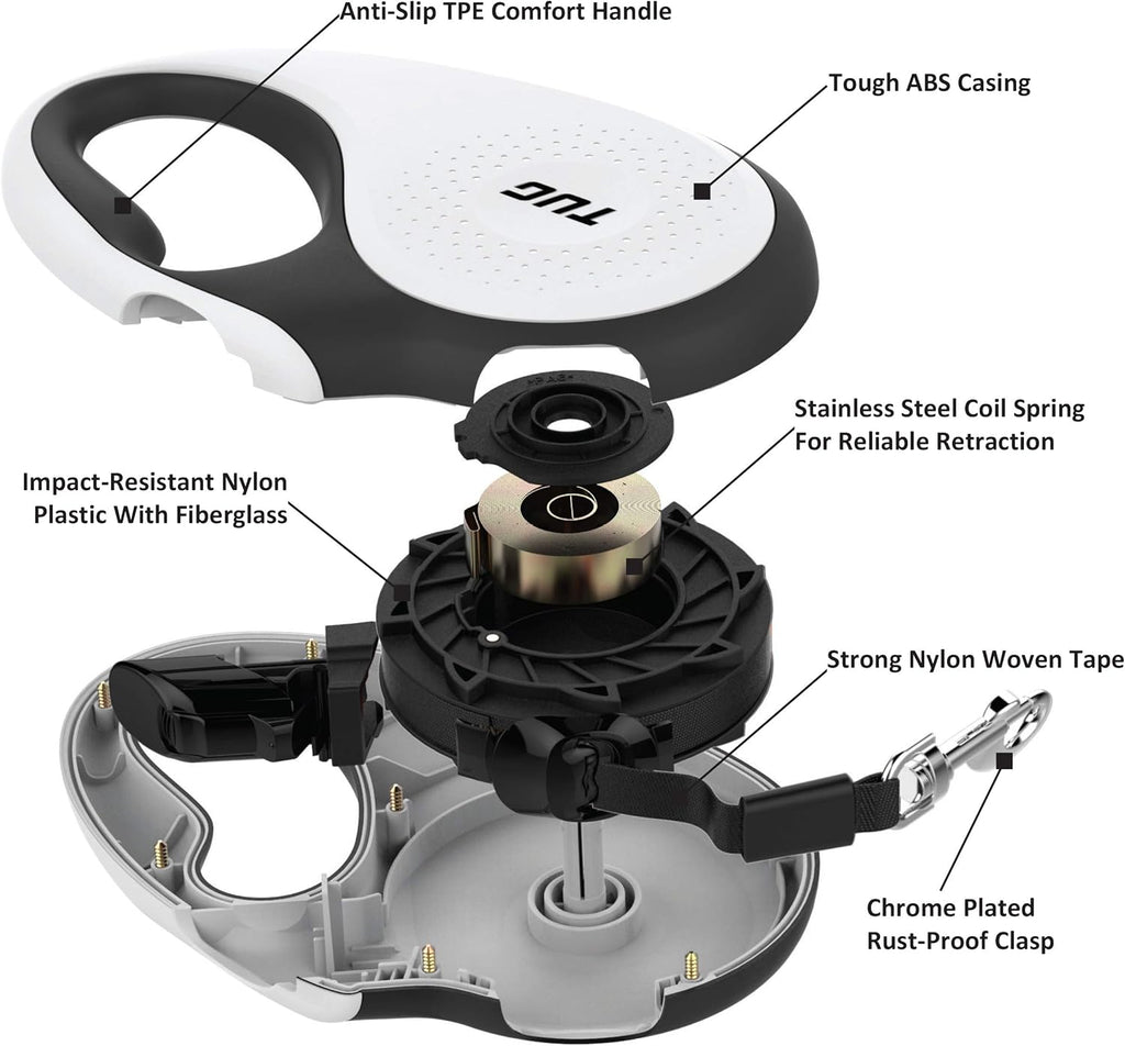 TUG 360° Retractable Dog Leash – 16ft Tangle-Free Nylon Tape with One-Handed Brake & Lock (Medium, White)