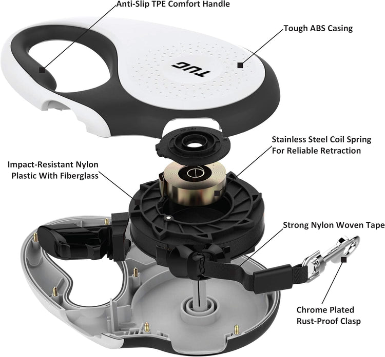 TUG 360° Retractable Dog Leash – 16ft Tangle-Free Nylon Tape with One-Handed Brake & Lock (Medium, White)