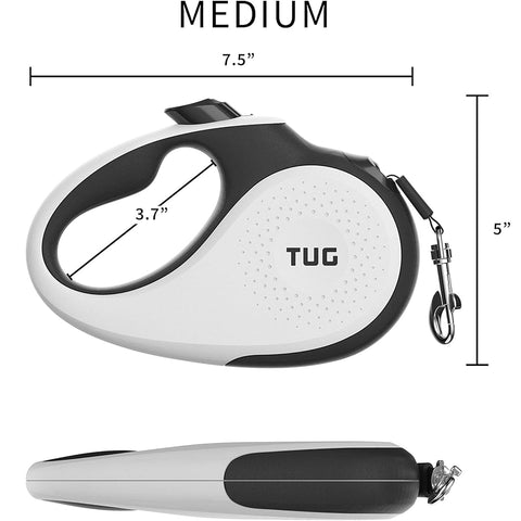TUG 360° Retractable Dog Leash – 16ft Tangle-Free Nylon Tape with One-Handed Brake & Lock (Medium, White)
