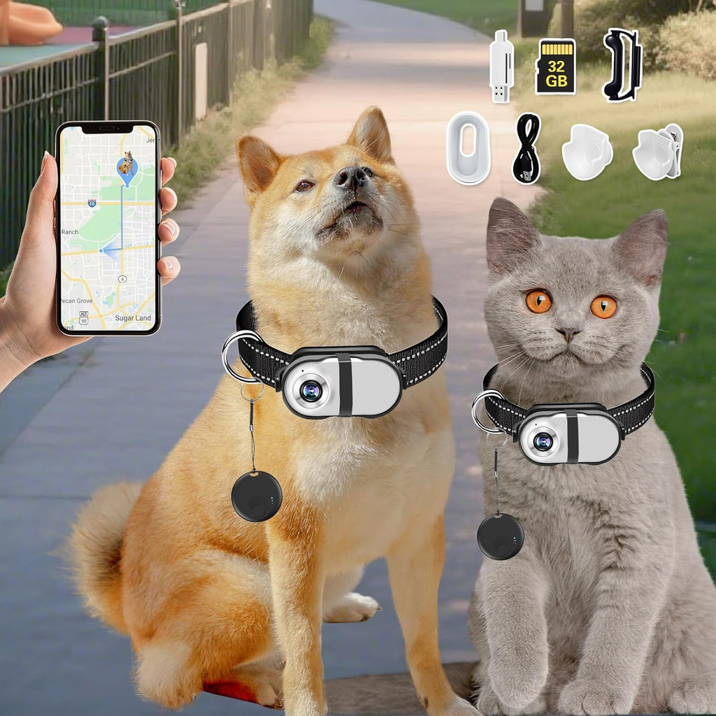 PRRPRR Pet Camera Collar – 1080P HD Wireless Dog Neck Cam with Air Tracker, 32GB Storage, No WiFi Required