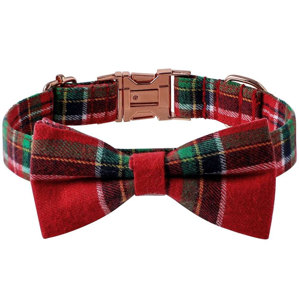 Christmas Dog Collar – Plaid Cotton with Rose Gold Buckle & Bow | PetsDrift