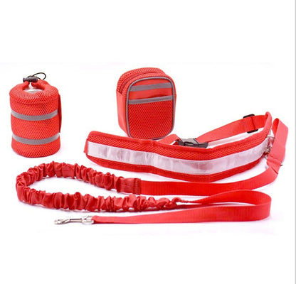 black hands-free dog leash with storage bag in red