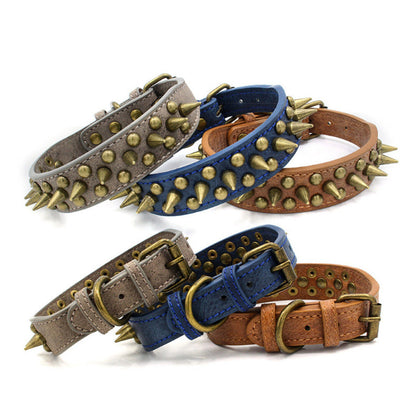 Retro Spiked Leather Dog Collar – Studded Rivet Collar for Large Breeds (S–XL)