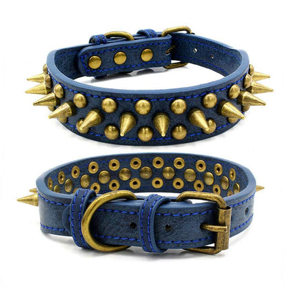 Retro Spiked Leather Dog Collar – Studded Rivet Collar for Large Breeds (S–XL)