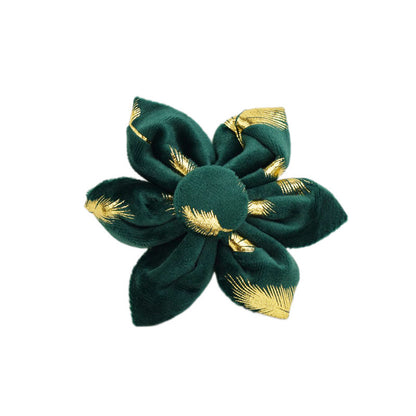 A set of dog pet accessories including a collar, leash, bow, flower decoration, and a vest, all in green with a gold leaf pattern.