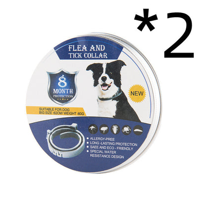 Packaging of a flea and tick collar for cats, indicating 8 months of protection and fitting all size cats.