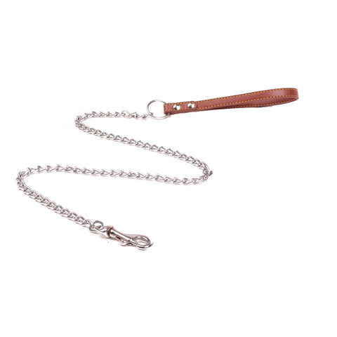 A metal traction chain for dogs with a PU handle, displayed on a wooden floor alongside a purple flower.