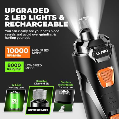 Silent Dog Nail Grinder with LED Light – Safe & Stress-Free Grooming for All Breeds & Sizes, 3 Grinding Bits, 2-Speed Rechargeable Pet Nail Trimmer Kit