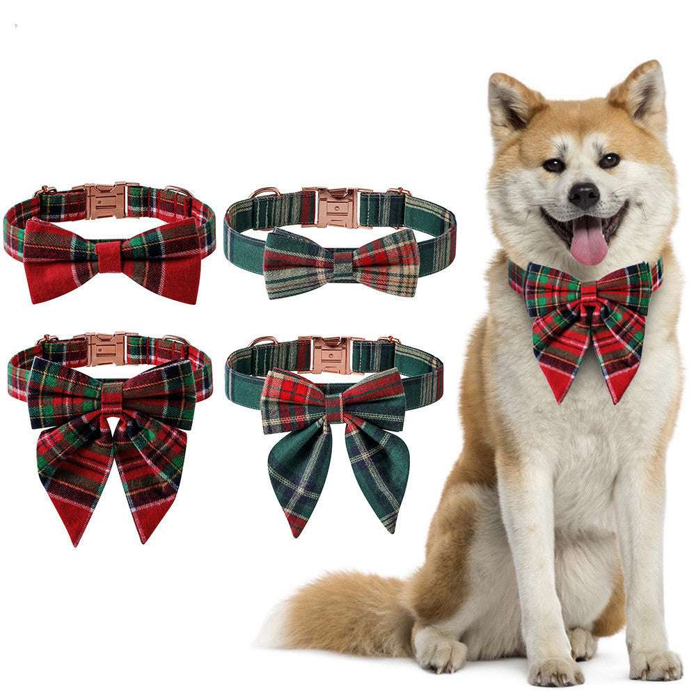 Christmas Dog Collar – Plaid Cotton with Rose Gold Buckle & Bow | PetsDrift