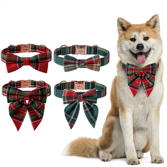 Christmas Dog Collar – Plaid Cotton with Rose Gold Buckle & Bow