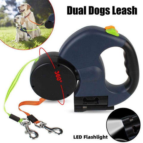 dual retractable dog leash with flashlight