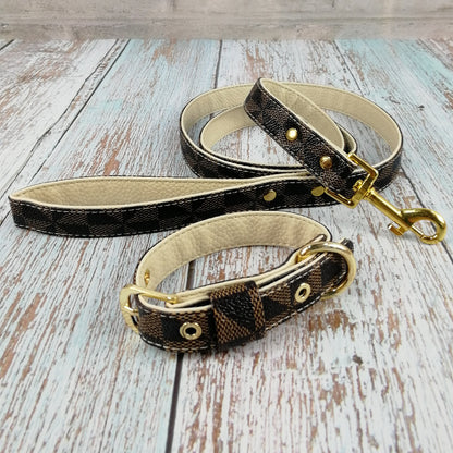 Luxury Plaid Leather Dog Collar & Leash Set – Stylish Gift Box Edition