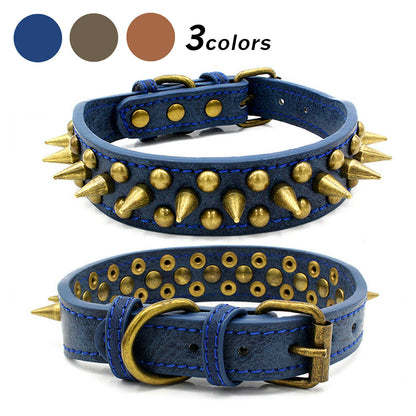 Retro Spiked Leather Dog Collar – Studded Rivet Collar for Large Breeds (S–XL)